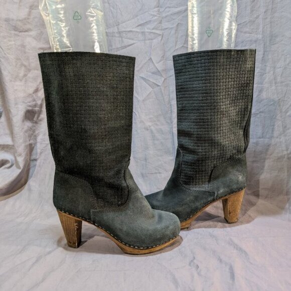 Sanita Black Suede Pattern Mid Calf Wooden Clog Heel Boots Women Size 37 - Picture 7 of 11